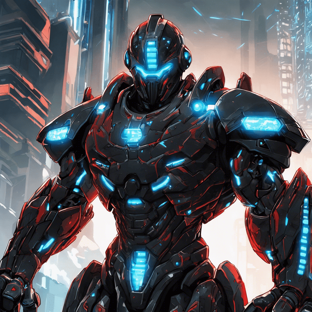 The Cybernetic Enforcer stands tall and imposing, clad in gleaming black armor with glowing blue circuit patterns running across its body. Its red visor scans the surroundings with a menacing gaze, and its mechanical limbs hum with power. This ruthless machine is programmed to eliminate any threats to Neoterra's law and order.