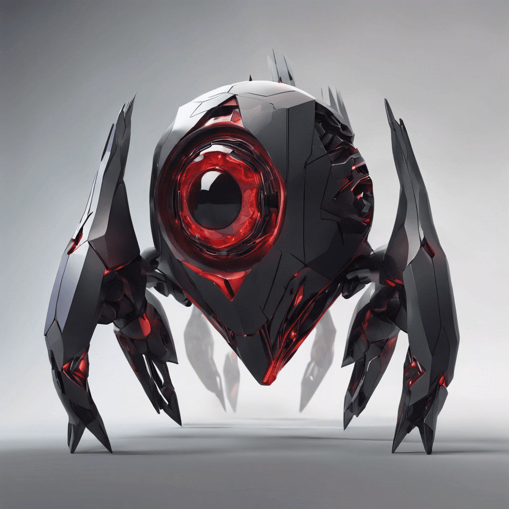 A floating robotic entity, sleek and dark, with a pulsating red eye at its center. Its body is comprised of shifting geometric shapes, giving it an almost ethereal appearance. It moves with a silent grace, and periodically, electric arcs crackle between its segmented parts.