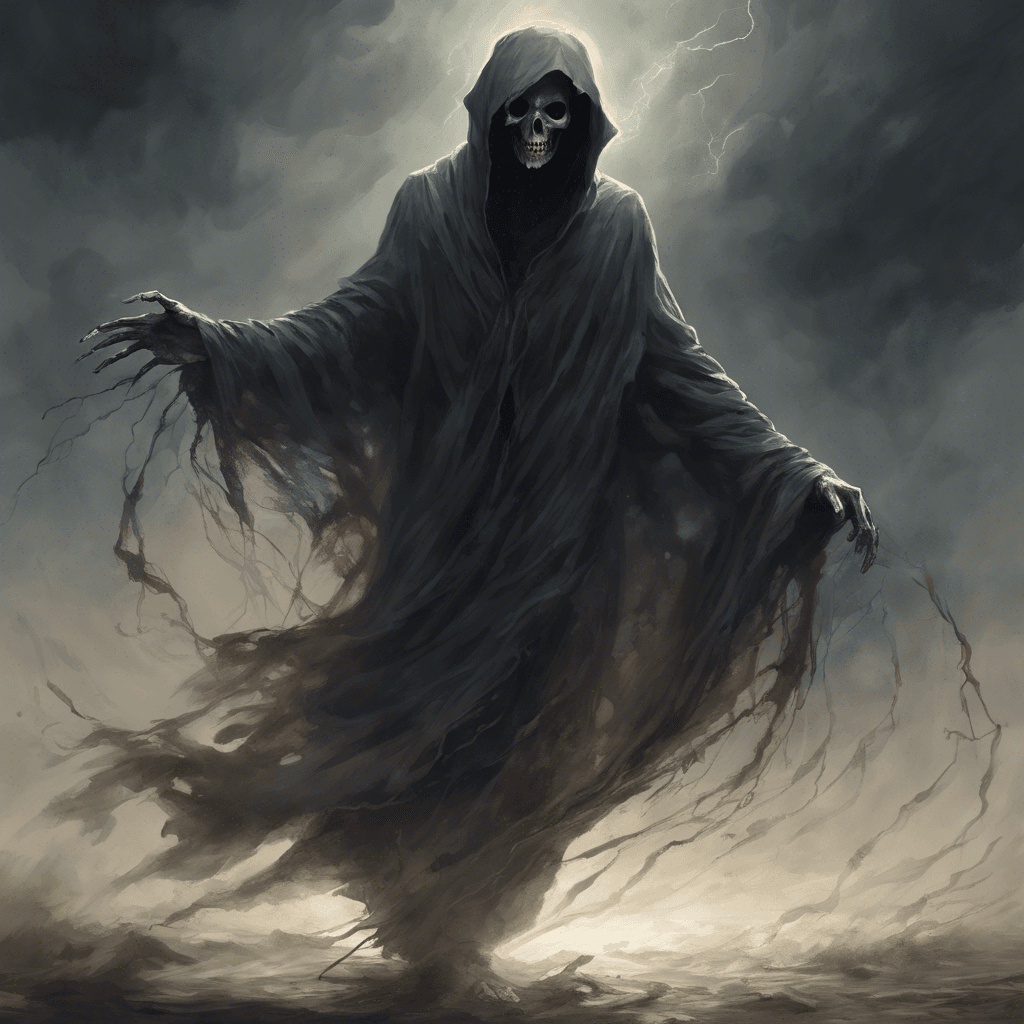 A ghastly, shrouded figure hovers slightly above ground, its eyes glowing with a deathly light. Tattered robes flutter as if caught in an eternal storm, and bony hands reach out hungrily.