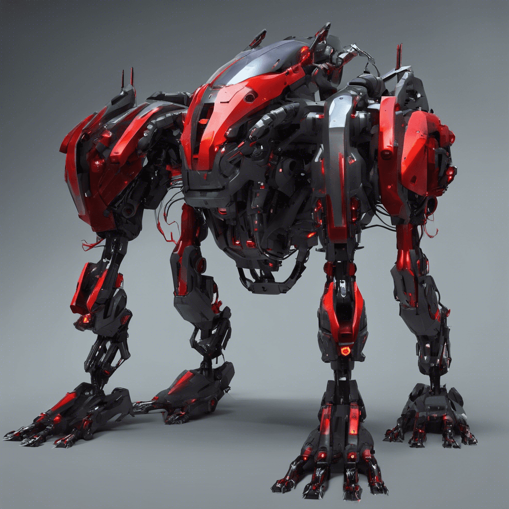 A menacing quadrupedal robot with a sleek gunmetal chassis, glowing red optical sensors, and an array of cybernetic enhancements. It moves with a predatory silence, ready to unleash its integrated weaponry on intruders.