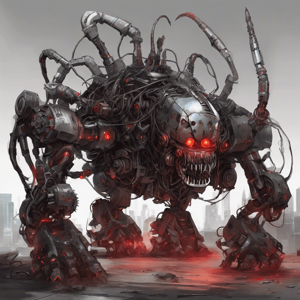 A hulking, mechanical monstrosity made of salvaged cybernetic parts. Its glowing red eyes pierce through the darkness, and its sharp, metallic claws scrape against the ground as it approaches. The ScrapBot emits a low, menacing hum as it prepares to attack.