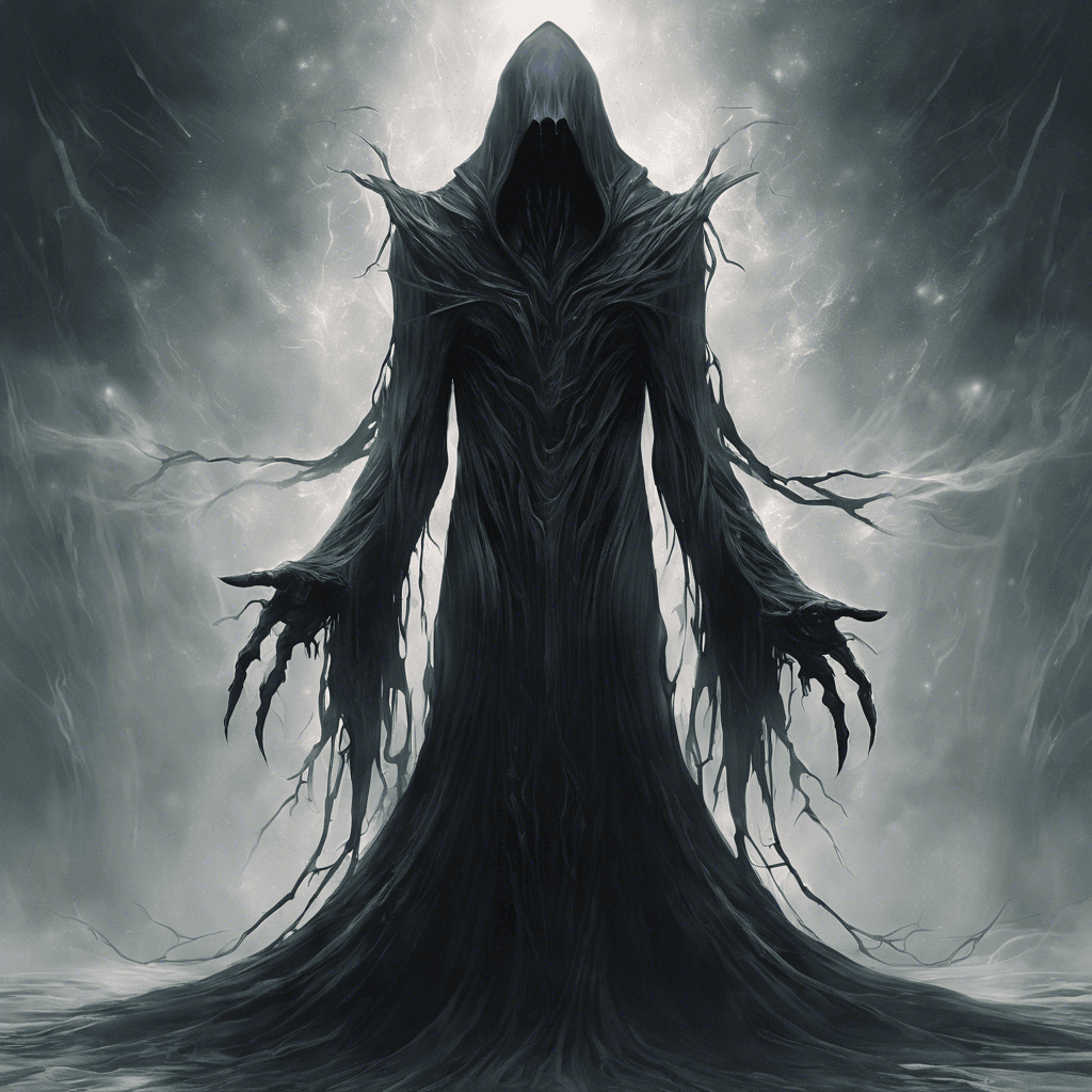 The Void Wraith is a sinister entity from the depths of space, cloaked in darkness and surrounded by an aura of cold emptiness. Its form constantly shifts and distorts, making it difficult to discern its true shape. Its eyes gleam with an otherworldly light, sending shivers down the spine of anyone who dares look upon it.