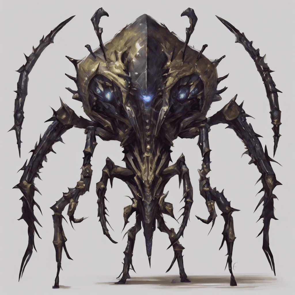 A towering insectoid alien, with carapace of glistening obsidian, six razor-sharp limbs, and multifaceted eyes that glint with a malevolent intelligence. Its thorax bristles with spiky protrusions and its mandibles click in anticipation of battle.