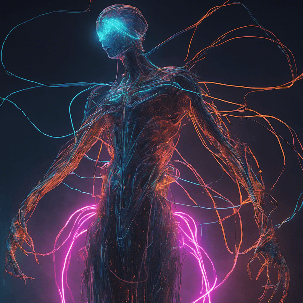 A spectral figure glows with erratic neon lights, its humanoid form flickering inconsistently. Wires and cables flow like tendrils from its limbs, sparking with dangerous energy.