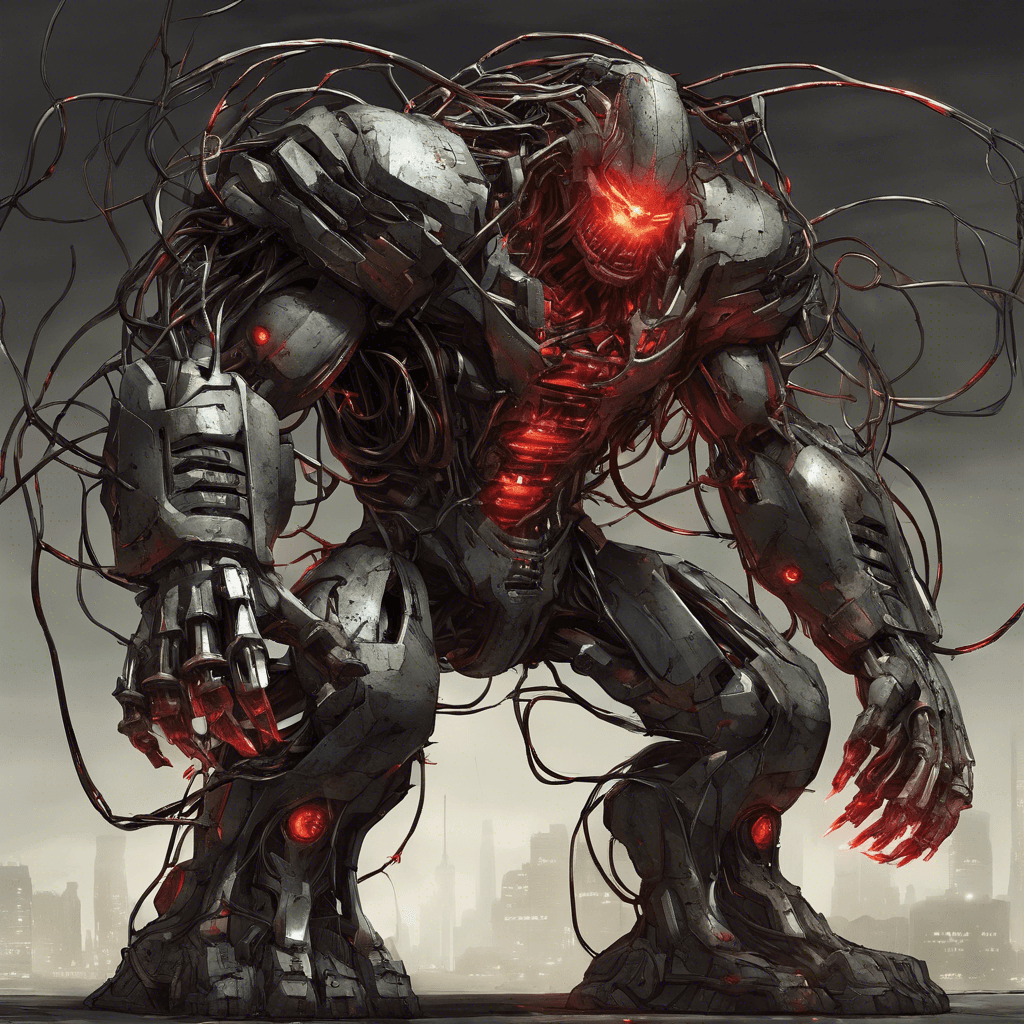 A hulking mass of wires and metal, the Circuit Reaver stands towering with glowing red eyes, and arms that morph into lethal weapons. Its body is patched with haphazardly secured steel plates, and arcs of electricity surge across its frame.