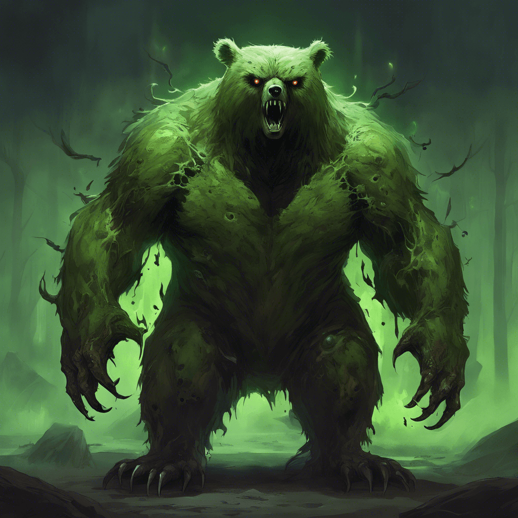 A hulking monstrosity with the body of a bear and the head of an owl. Its fur is mottled and rotting, with patches of flesh revealing corrupted dark energy beneath. Glowing baleful eyes of sickly green hue flicker with malice and intelligence.