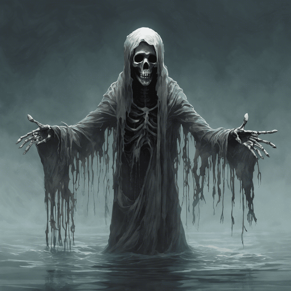 A wraithlike figure, clad in tattered burial shrouds that drift and float as if submerged in water. Its eyes are hollow and emit a faint, sorrowful light. Skeletal hands reach out as if seeking something long lost.