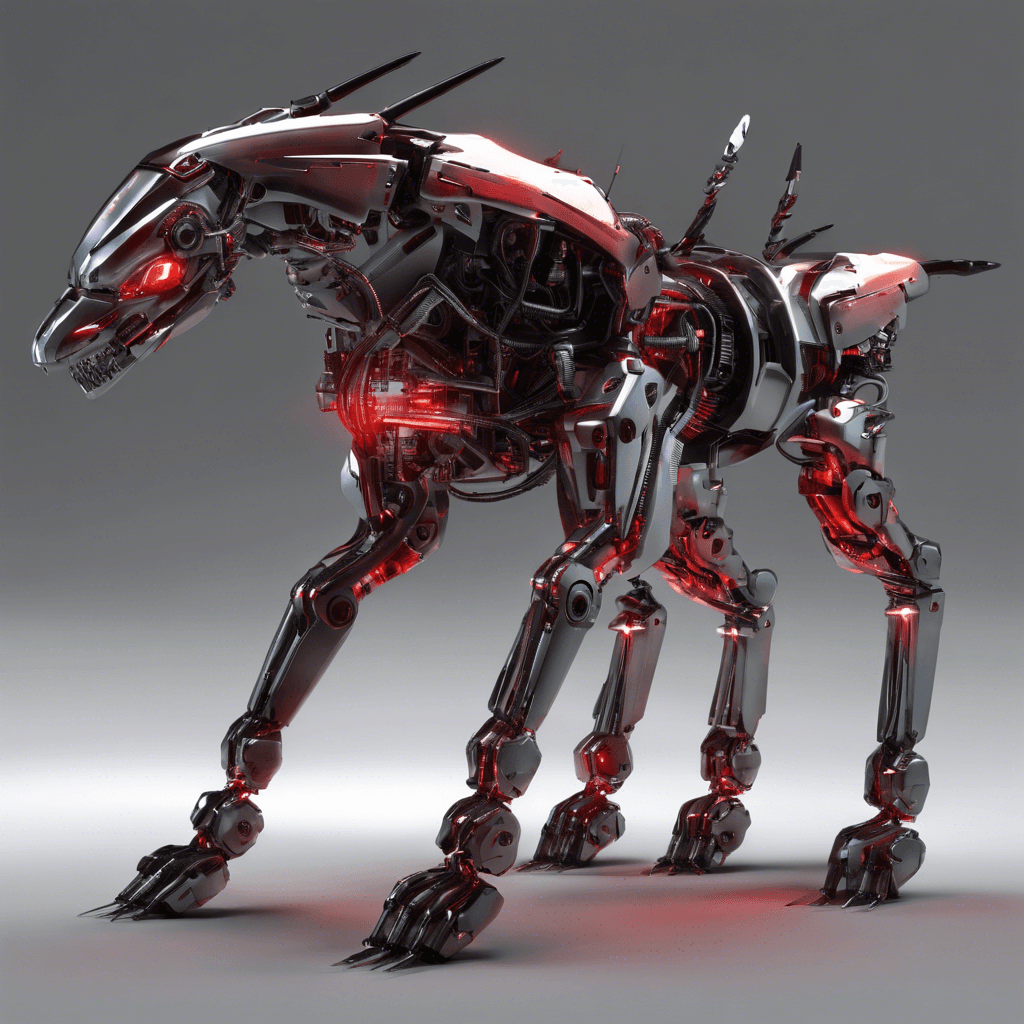 A sleek mechanical quadruped with whirring servos, glowing red optics, and sharp metallic teeth. Its body is covered with reflective cyber-armor plating.