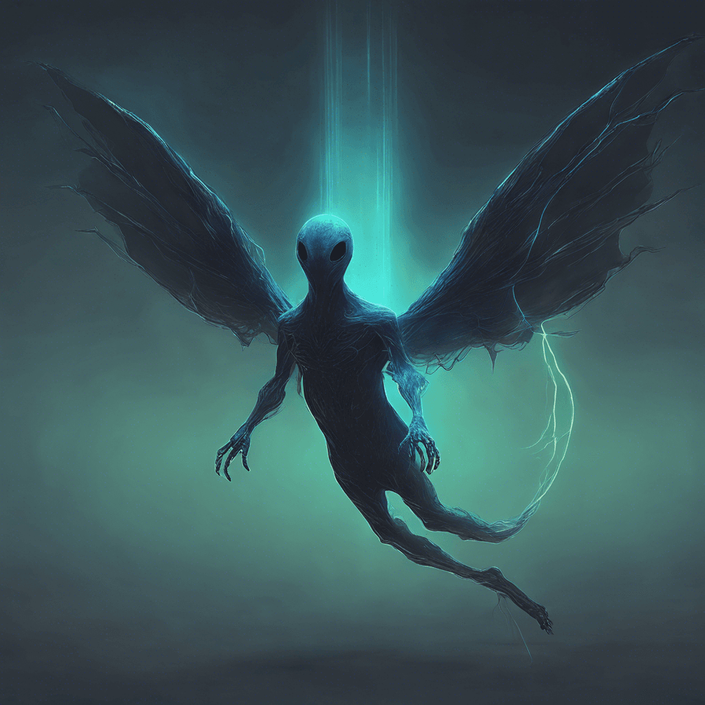 A shadowy, ethereal creature gliding through the air with a faint neon glow tracing its indistinct edges. Its form is barely tangible, flickering in and out of visibility, resembling an electrical ghost. It hovers silently, exuding an aura of otherworldliness.