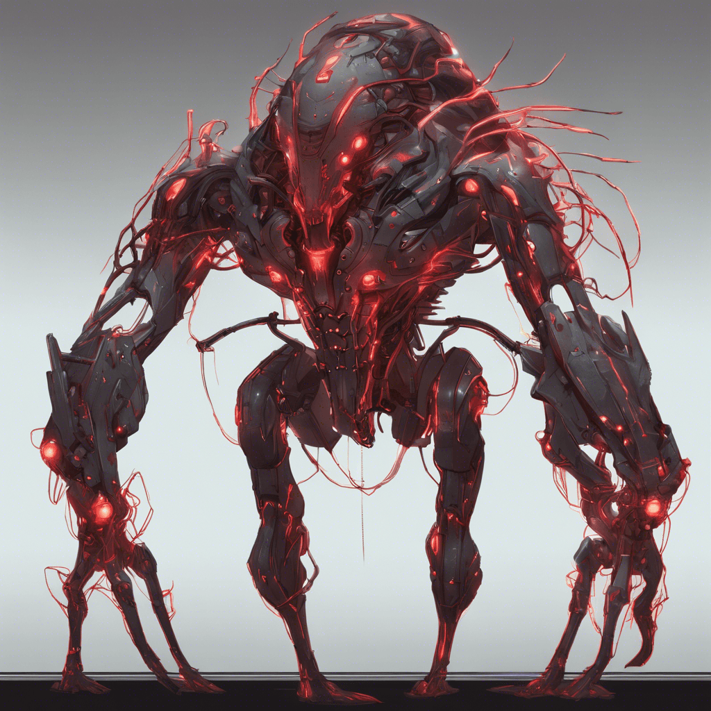 A towering creature with a chitinous exoskeleton fused with cybernetic implants. Its glowing red sensors scan for movement as tendrils tipped with various weaponry twitch in anticipation.