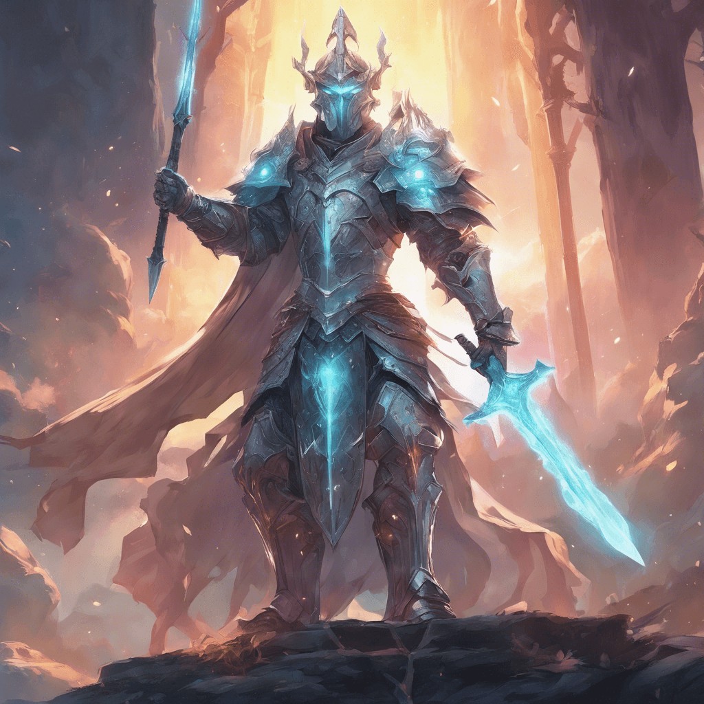 A towering spectral knight clad in ancient, ethereal armor, wielding a glowing sword that hums with otherworldly energy.