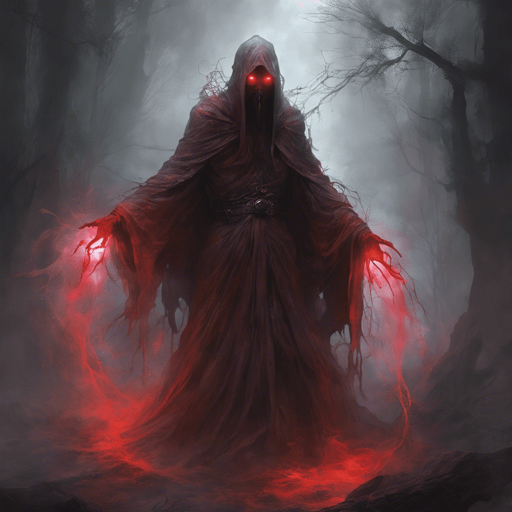 A gaunt figure, swathed in tattered robes that flutter with spectral energy, its eyes glowing with a baleful red light. Semi-transparent with a trail of ghostly mist, it moves with unnatural swiftness, its hollow voice resonating with otherworldly malice.