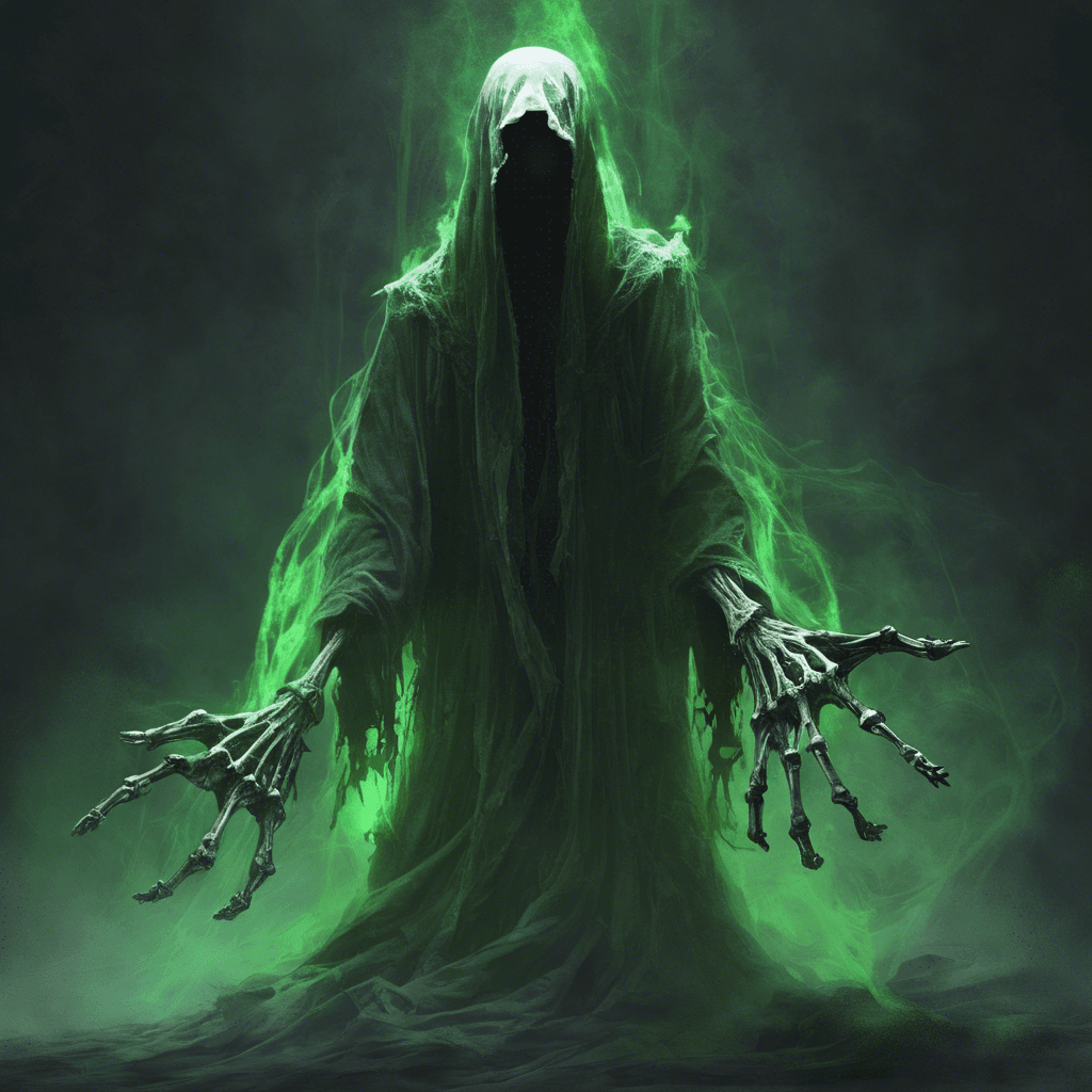 A spectral figure shrouded in tattered robes, its skeletal hands reaching out as it glides over the ground, eyes glowing with a malevolent green light.