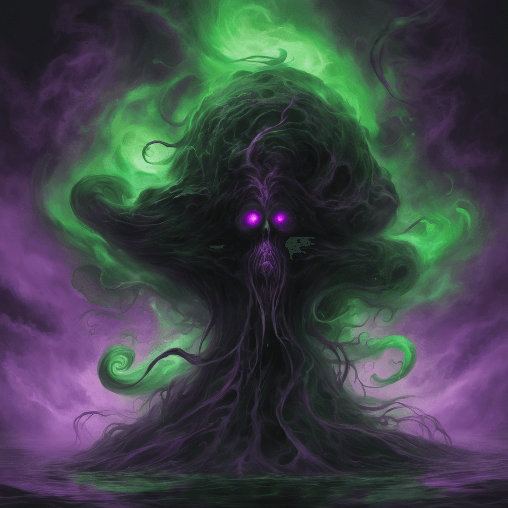 A sinister floating entity with swirling black and purple mists for a form, tendrils of dark vapor extend from its core, eyes glowing a menacing bright green.