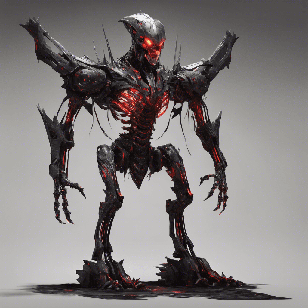 A towering figure with a skeletal metallic frame, adorned with angular armor and glowing red ocular sensors. Razor-sharp claws extend from its elongated arms, and its body is covered in shifting, shadow-like cloaking technology, allowing it to blend into its surroundings. A subtle hum of energy resonates from its core, hinting at a powerful source within.