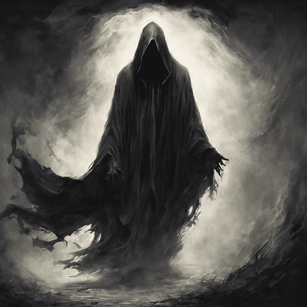 The Specter of the Shadows is a ghostly figure cloaked in tattered black robes, its face obscured by darkness. It moves silently and swiftly, leaving a trail of cold air in its wake. Its eyes glow with an otherworldly light, and its presence fills the air with a sense of dread.