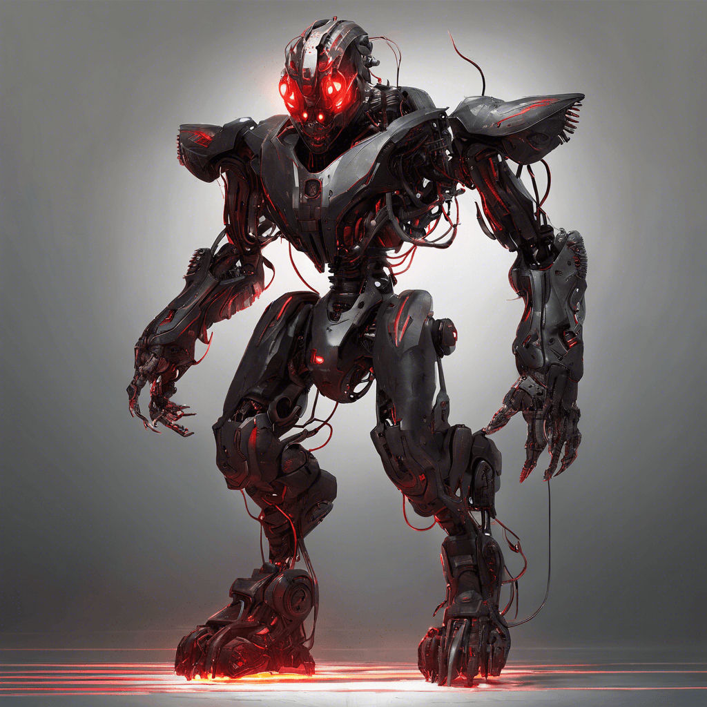 A towering humanoid figure with cybernetic enhancements covering its body, glowing red eyes pierce through the darkness. Its metal limbs emit a faint hum as it moves with unnatural speed and precision. The sound of whirring gears accompanies every step, announcing its relentless pursuit.