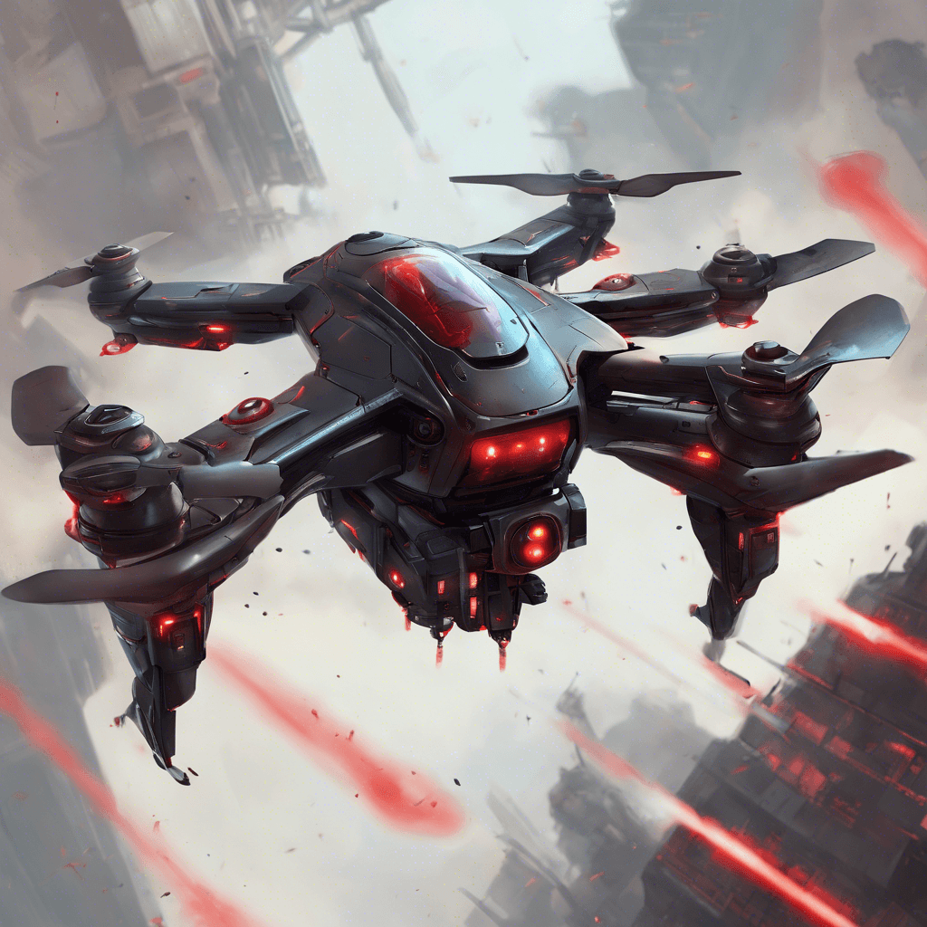 A sleek, hovering combat drone with red scanning eyes and a chassis full of cybernetic weaponry, pulsing with a menacing hum.