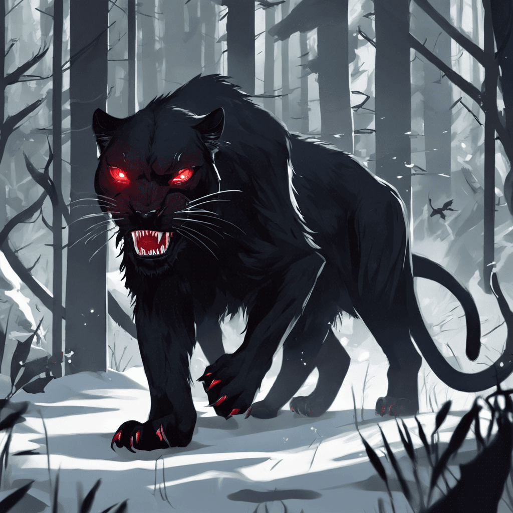 A massive, shadowy panther with gleaming red eyes and long, curved fangs dripping with a venomous substance. Its dark fur seems to absorb light, making it nearly invisible in the cloak of the forest.