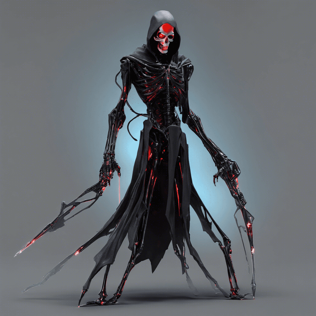 The Cyber Reaper is an ominous figure clad in tattered black nanofiber robes that shift and shimmer with a ghostly luminescence. Its skeletal cybernetic frame is augmented with lethal monomolecular scythes replacing each arm, and its head, a metallic skull, glows with malevolent red eyes. Holographic data streams emit from its form like an aura of digital decay.