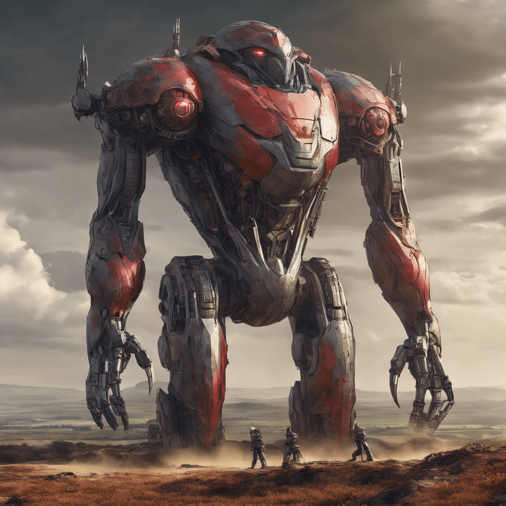 A massive humanoid shape, built of a dull metallic alloy, towers over the landscape. Its arms end in various weapons, cannons perhaps, and its single red eye scans the horizon.