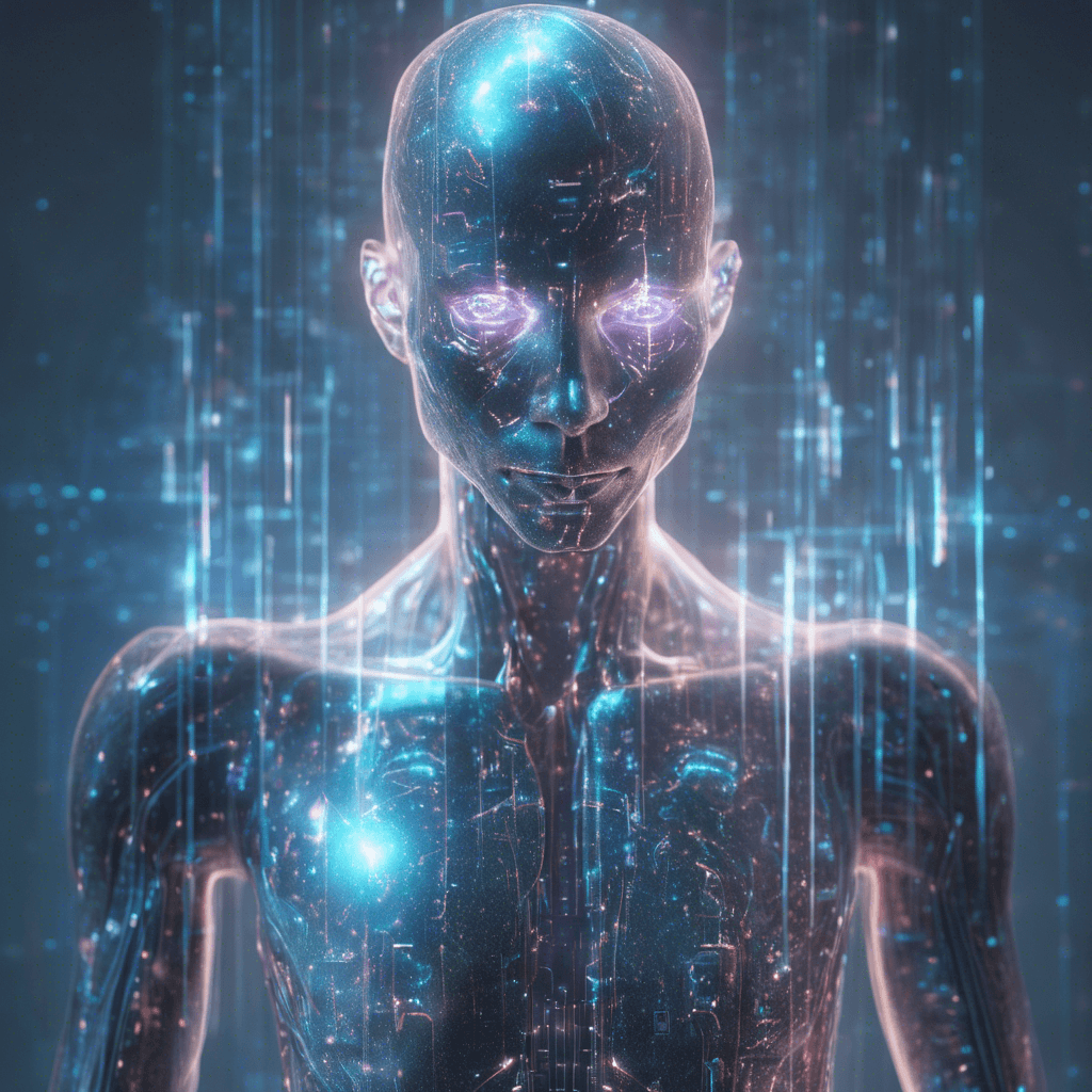 A figure with a translucent, holographic body, flickering with data streams, its eyes glowing with faint luminescence. It has cybernetic limbs that phase in and out of visibility, giving it an otherworldly aura.