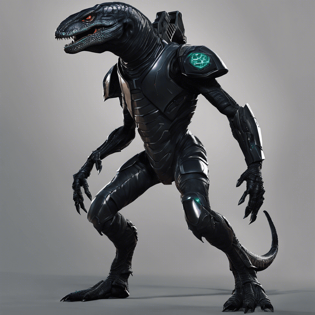 A towering reptilian creature clad in sleek, stealth-black armor, equipped with a visor helmet and wielding a plasma blaster rifle. It moves with lethal precision and exudes an aura of menace.