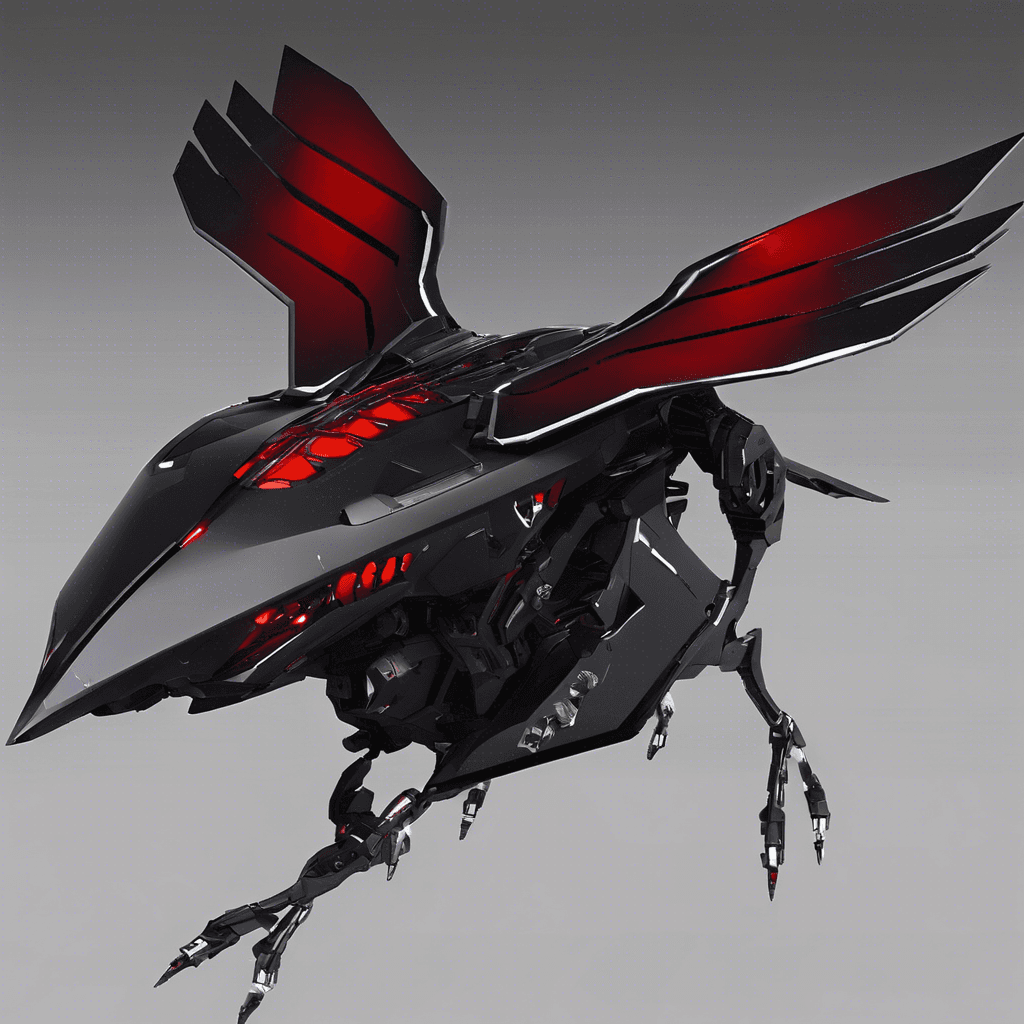 Echo Pulse is an automated combat drone resembling a sleek mechanical raven. It hovers menacingly with a body composed of reflective black panels, emitting an eerie hum from its energy core. Red light emanates from its optical sensors that serve as its eyes, and sharp, retractable talons glisten with a cold, metallic sheen. The drone's wings are equipped with energy blades that flicker with a dangerous blue glow.