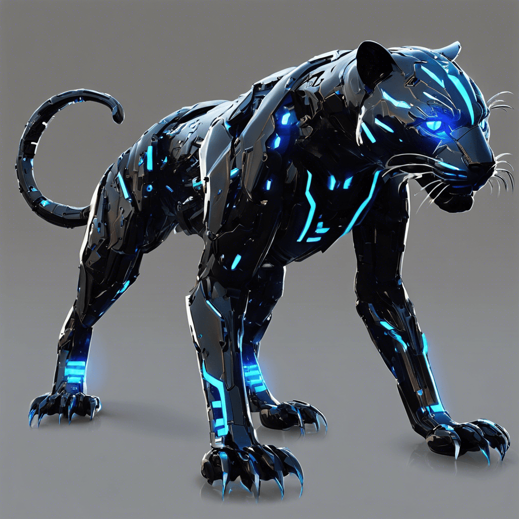 A towering cybernetic panther, its sleek black alloy body reflecting the dim lights of the city. Neon blue eyes pierce the darkness, claws extended, each one shimmering with a monomolecular edge perfect for slicing through armor and circuitry alike.