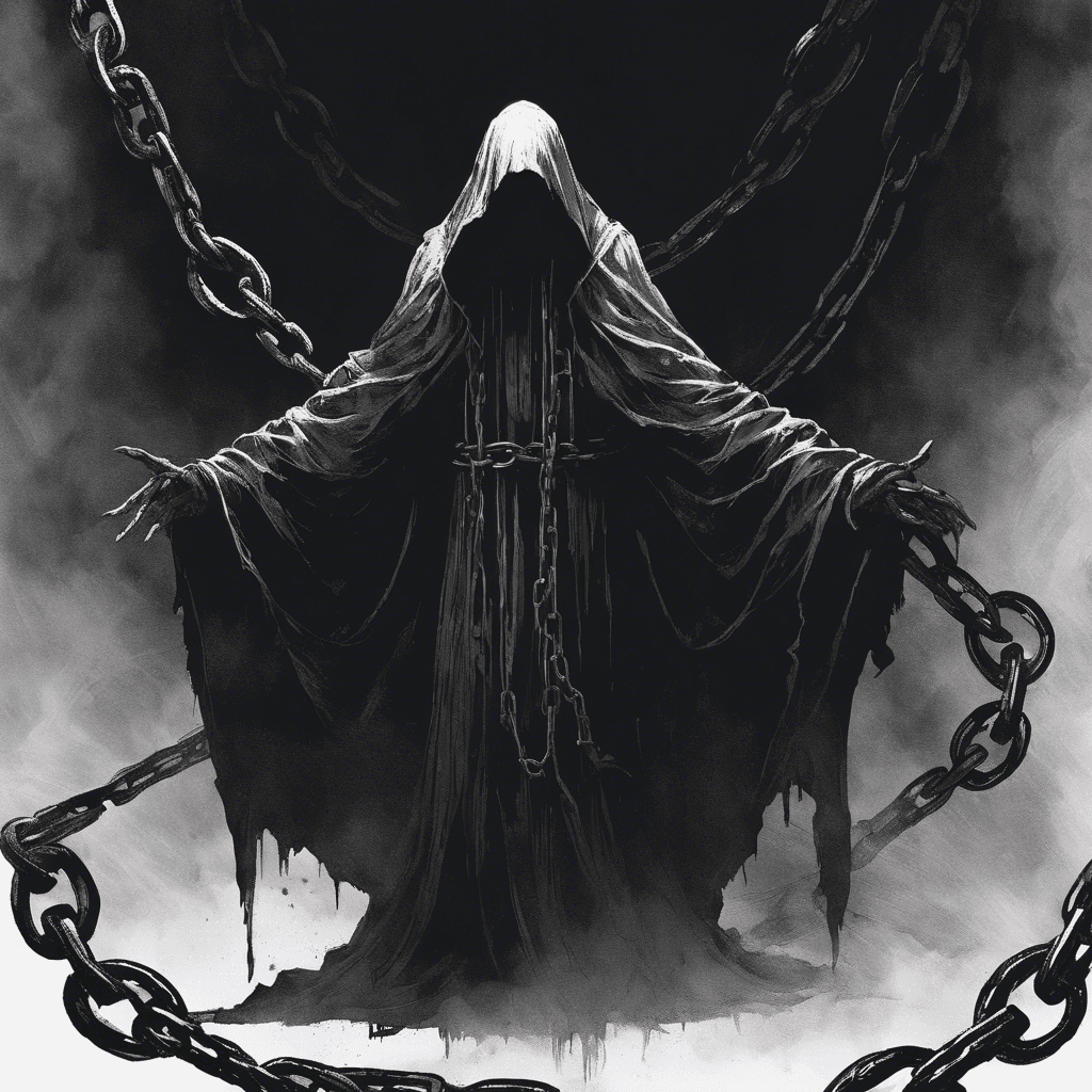 A shadowy figure cloaked in tattered robes, its face hidden in darkness. Ethereal chains float around it, and with each chilling movement, they clank with the echo of a thousand lost souls.