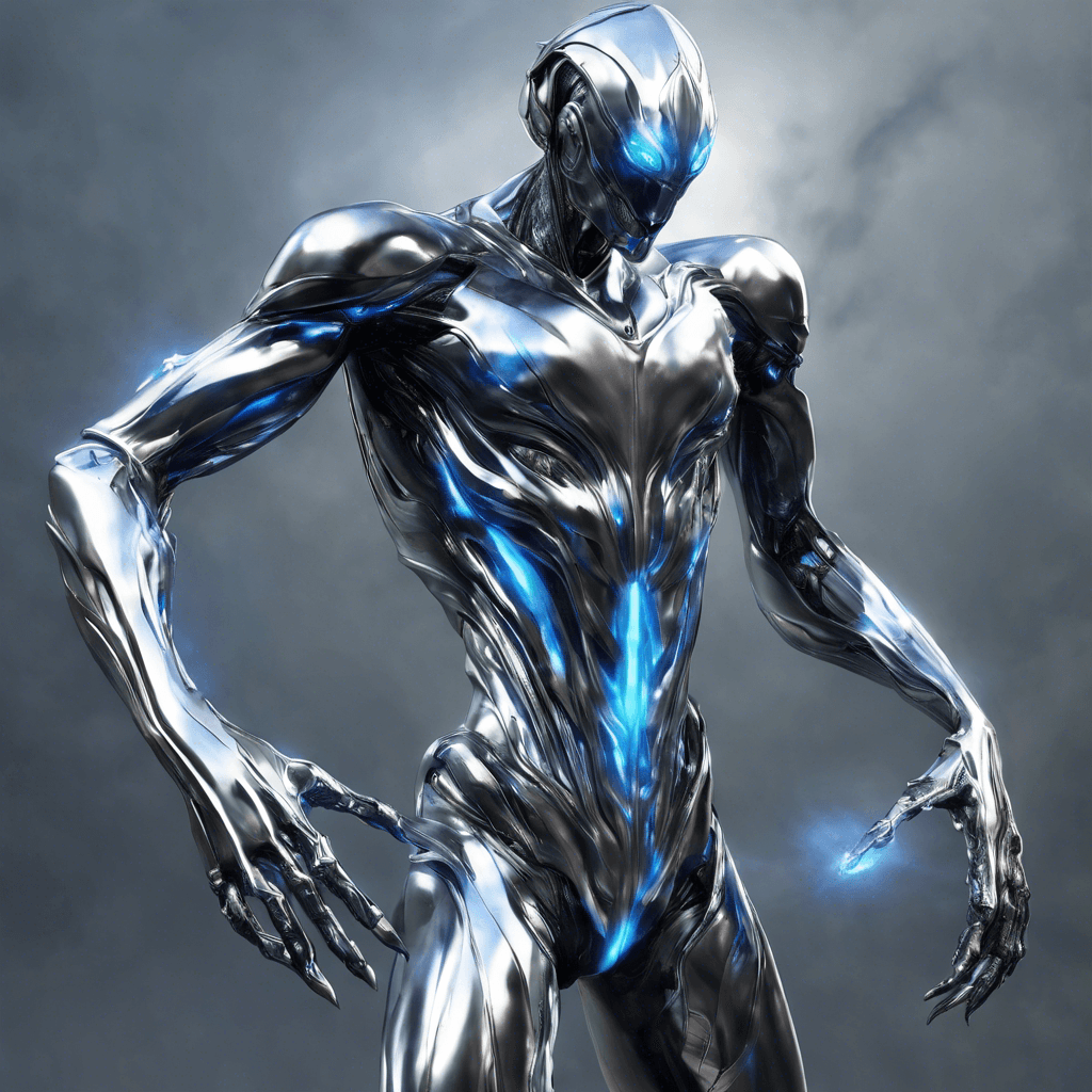 A sleek, silver-hued creature with a humanoid shape, Zy'tl Quicksilver's liquid metal body can morph and extend into sharp, bladelike appendages. Its eyes flicker with a digitized blue light, and it moves with an eerie grace, like mercury sliding across a surface.