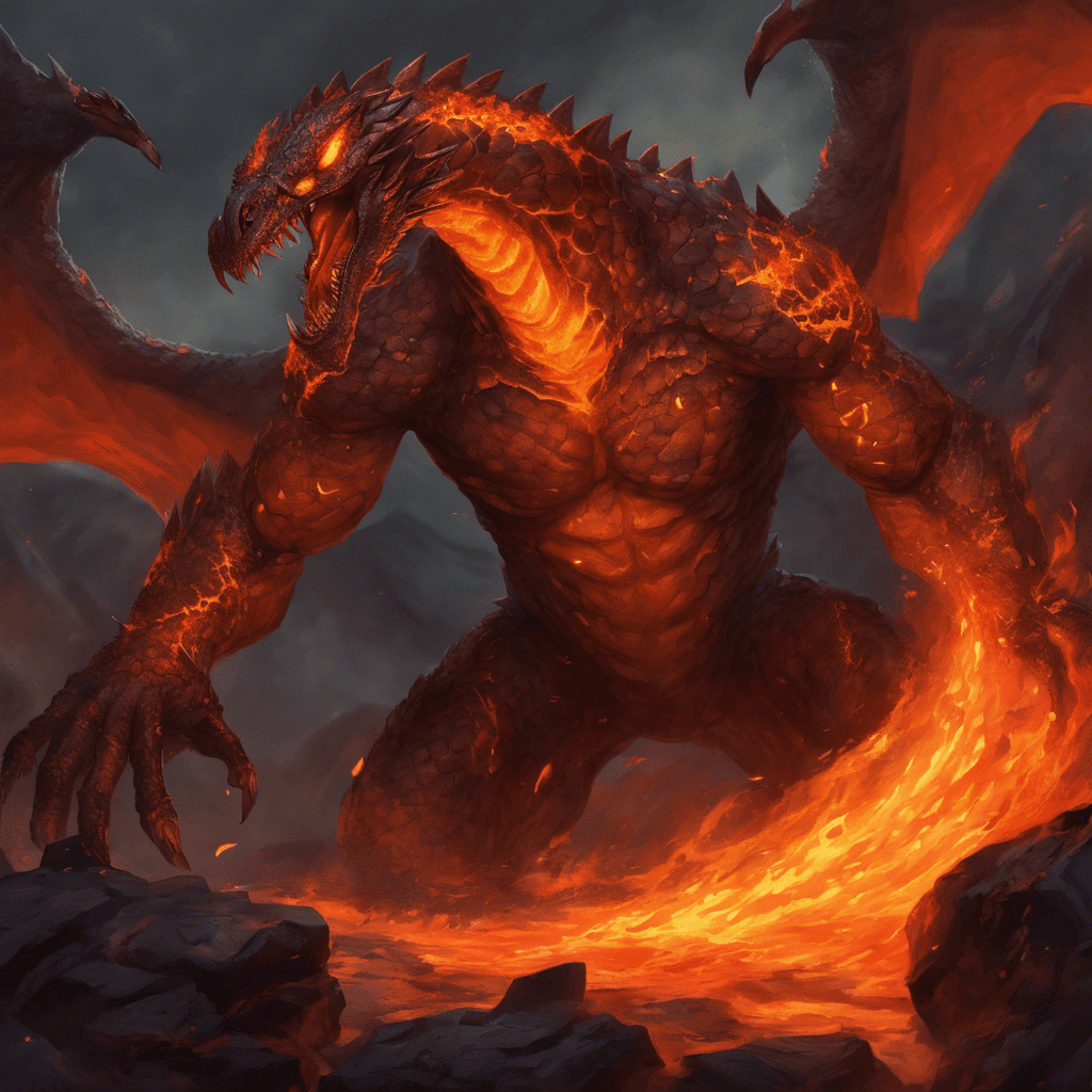 A hulking drake with scales like molten rock, eyes glowing with inner fire, and veins of lava coursing under its skin. It radiates intense heat, and its breath seems to shimmer with the promise of flames.