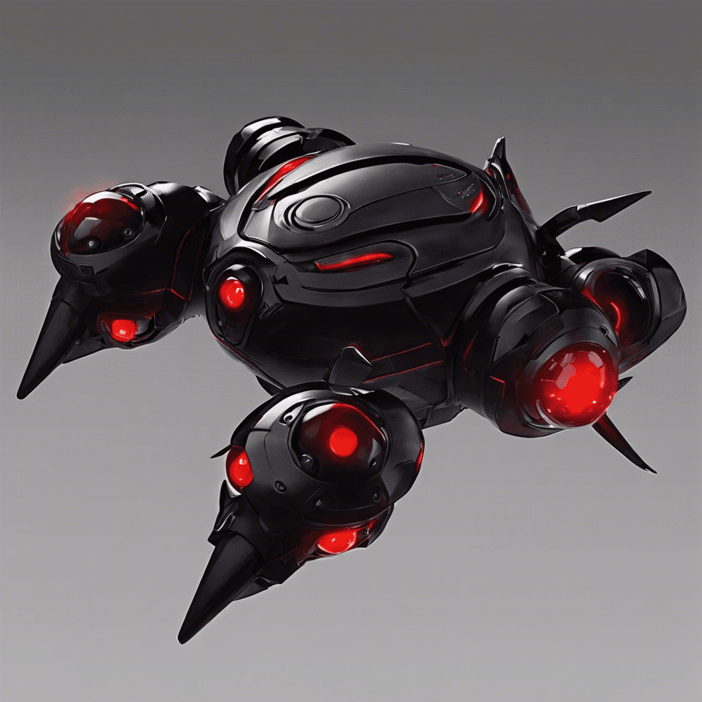 The Voidspawn Drone is a small, agile robotic enemy with a sleek black chassis and glowing red eyes. It hovers effortlessly through the vacuum of space, armed with energy blasters and capable of evasive maneuvers.