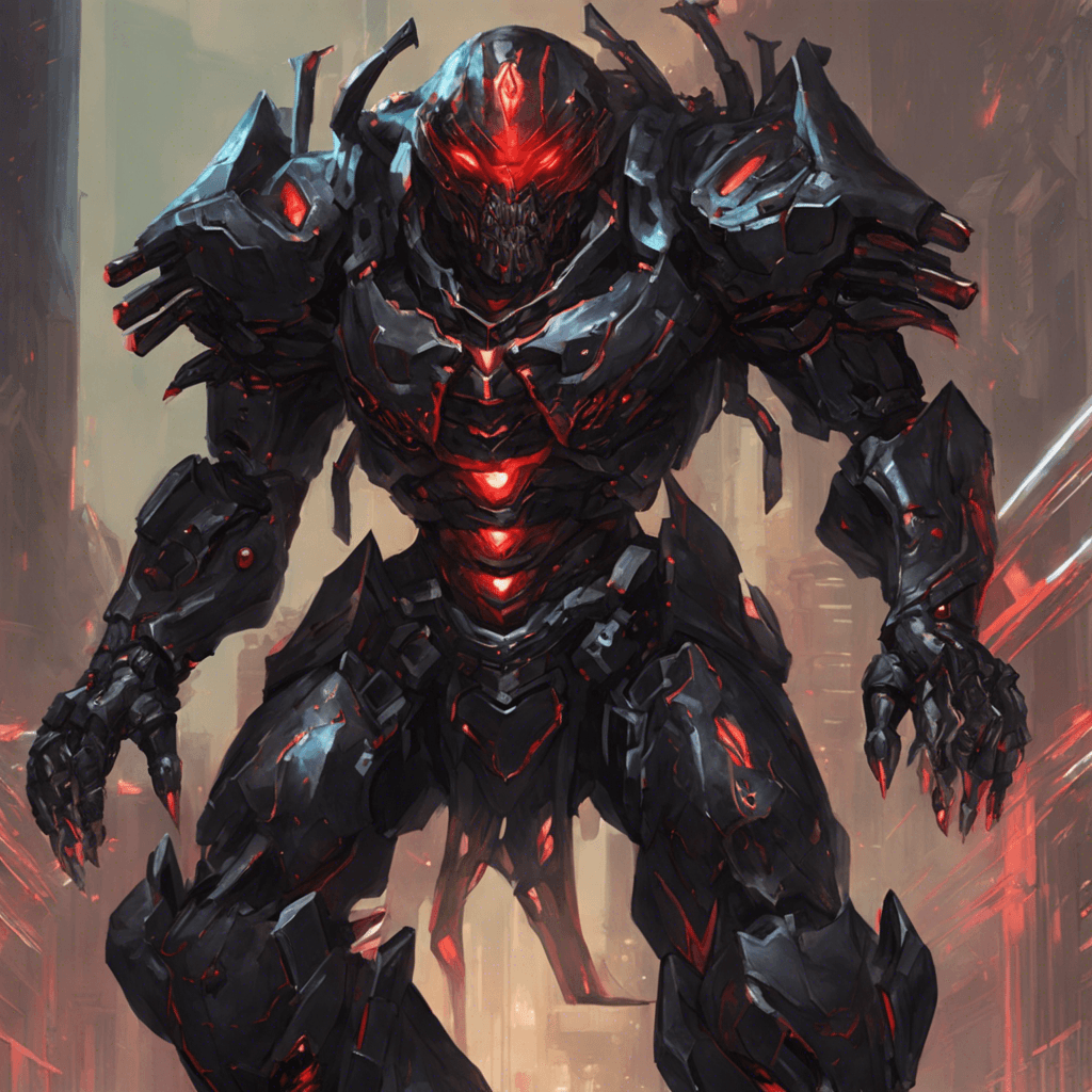 The Zanek Overlord is a towering figure clad in shimmering black exoskeleton armor, with glowing red visors for eyes and numerous weaponized cybernetic limbs protruding from its back.