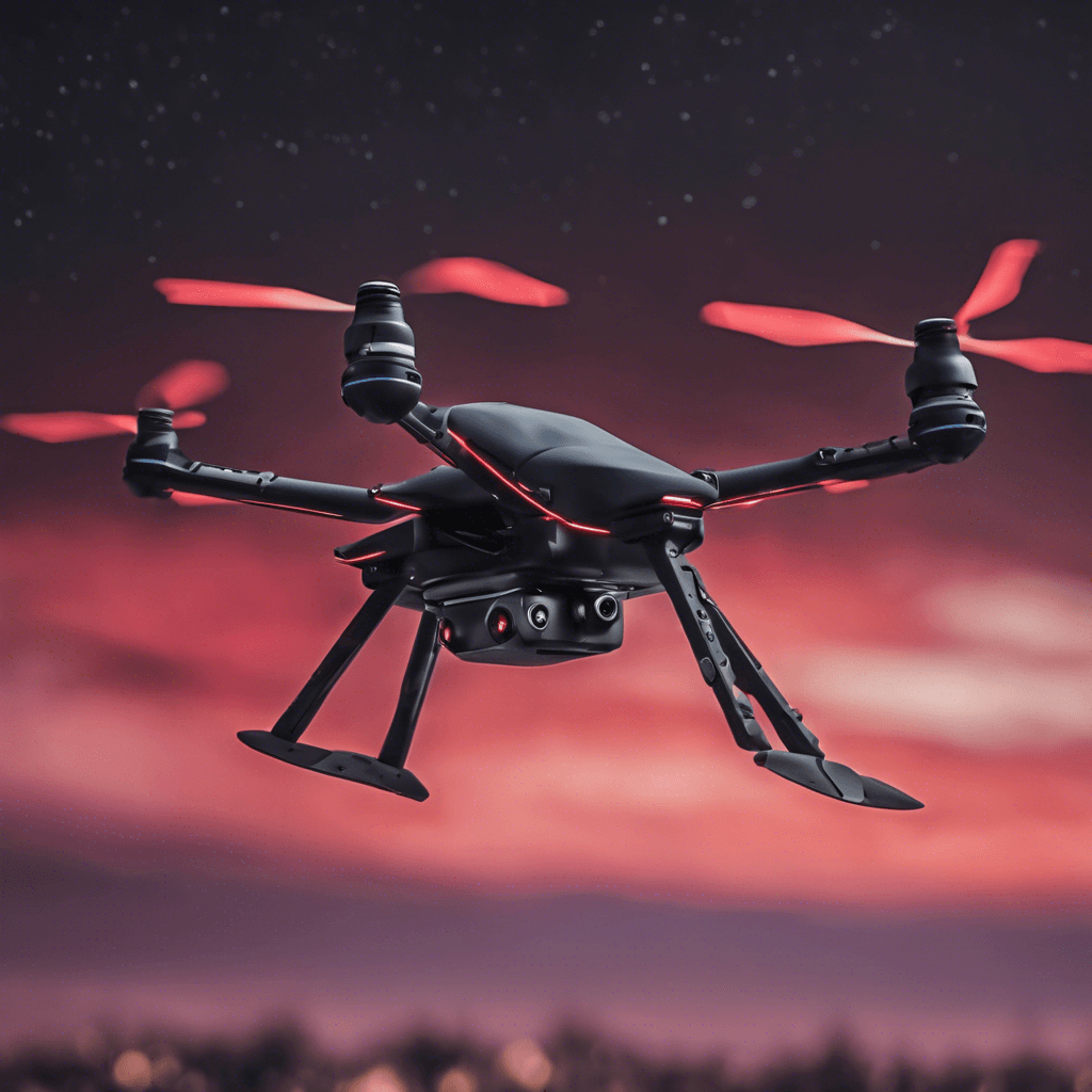 A stealthy, quad-copter drone with a matte black exterior, almost invisible against the night sky. It has luminous red scanning eyes and various antennas and sensors protruding from its chassis.