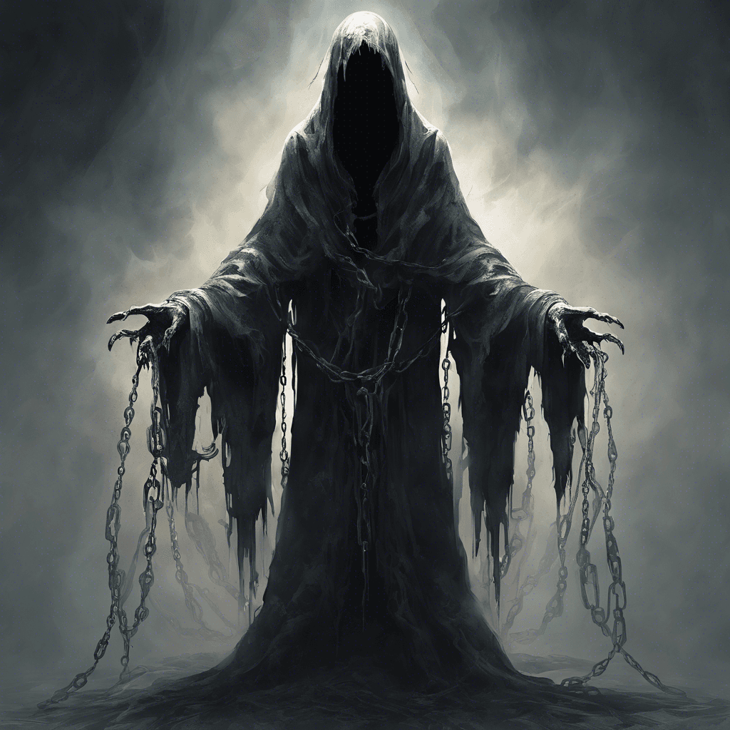 A chilling spectral entity, shrouded in tattered robes that blend into wisps of shadow. Its face is a void of darkness, save for two piercing points of light where its eyes should be. Chains rattle from its form, ethereal and yet heavy with the malice of the undead.