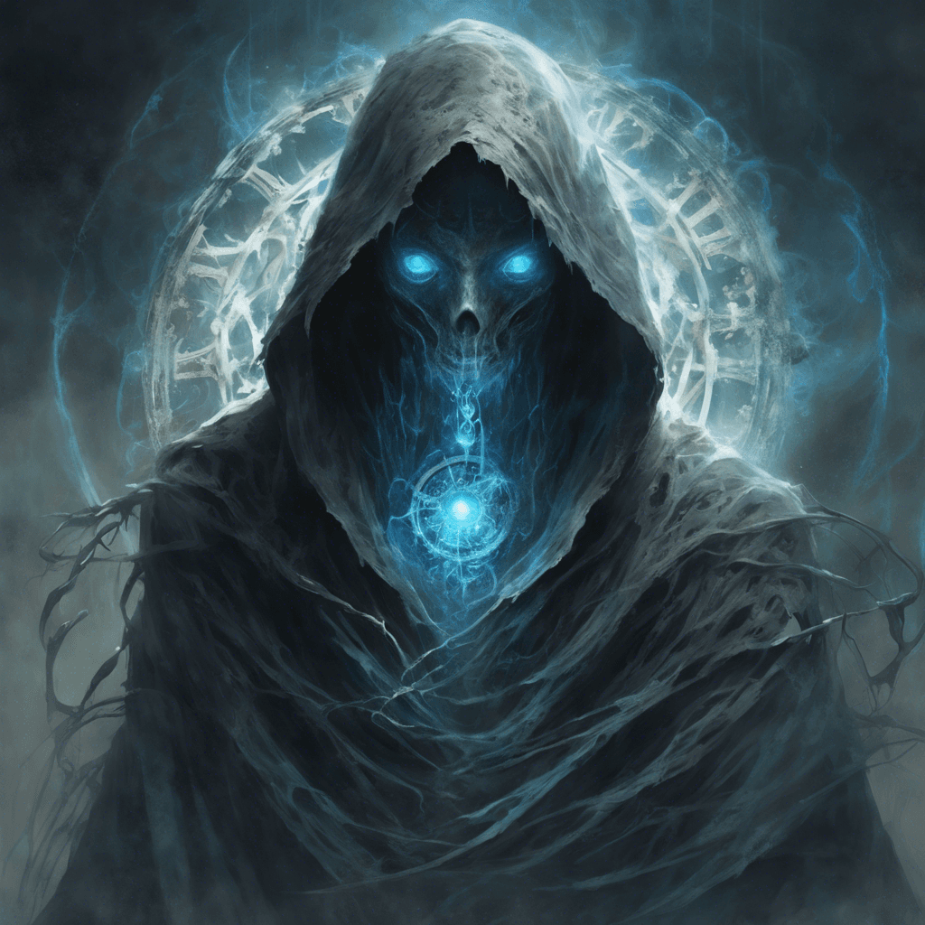 A spectral entity shrouded in tattered robes, wraithlike with a face obscured by a hood. Its body seems to be made of swirling, smoky tendrils of darkness enveloped in a faint blue glow of otherworldly energy. Ethereal clocks and gears seem to spin and orbit around its form, hinting at its mastery over time.