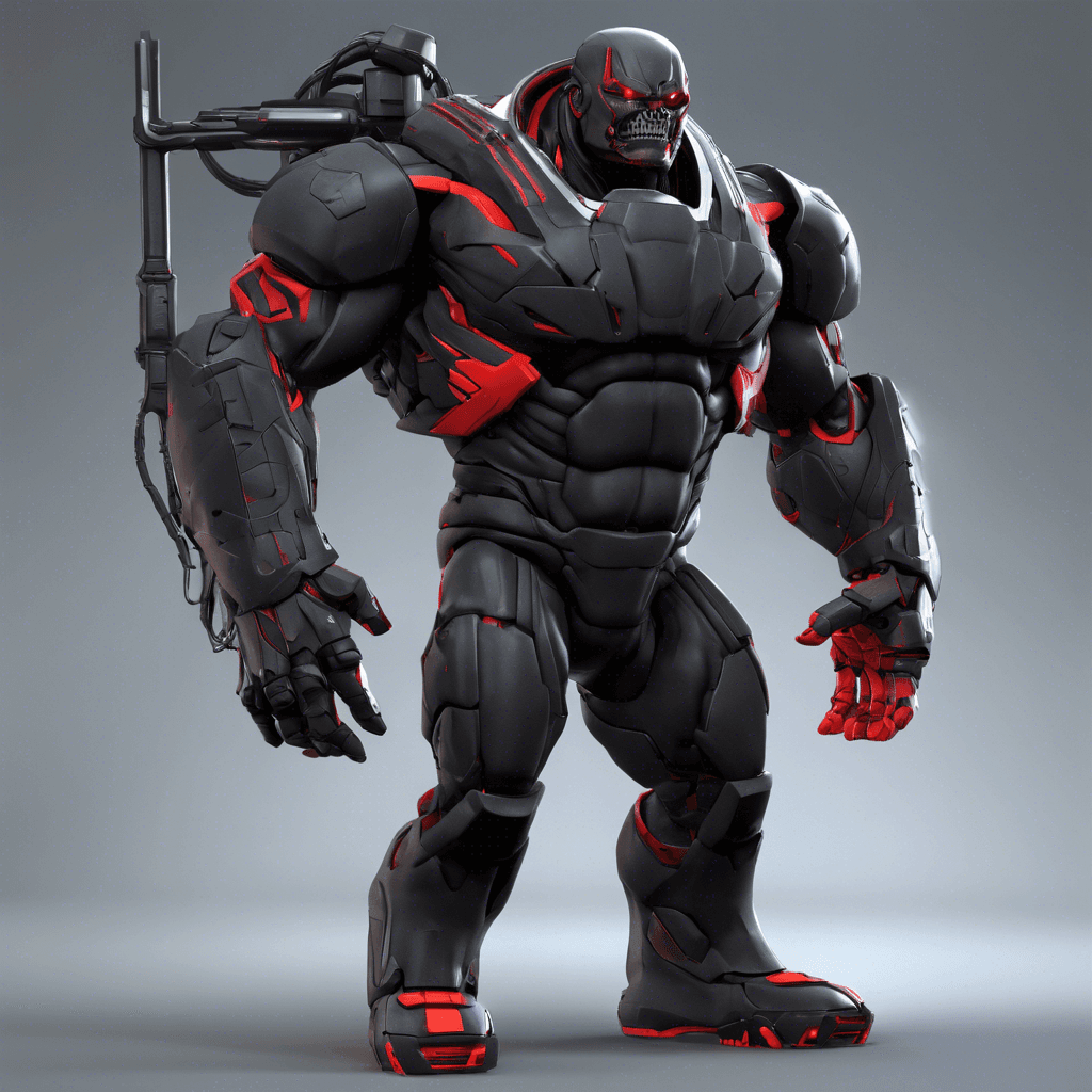 A hulking figure, decked in a matte black exoskeleton that hums with sinister energy. It has a red visor that scans for prey and is equipped with an array of cybernetic enhancements, including a heavy-duty stun baton, a net launcher, and a built-in cloaking device.