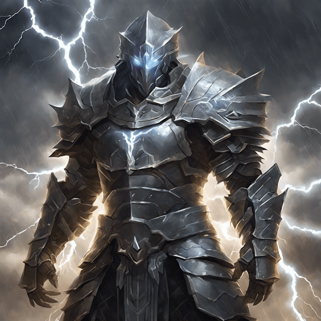 A towering figure in ancient, storm-gray armor, crackling with the essence of a thunderstorm trapped within its plates. Its eyes gleam with lightning, and each movement rumbles like distant thunder.