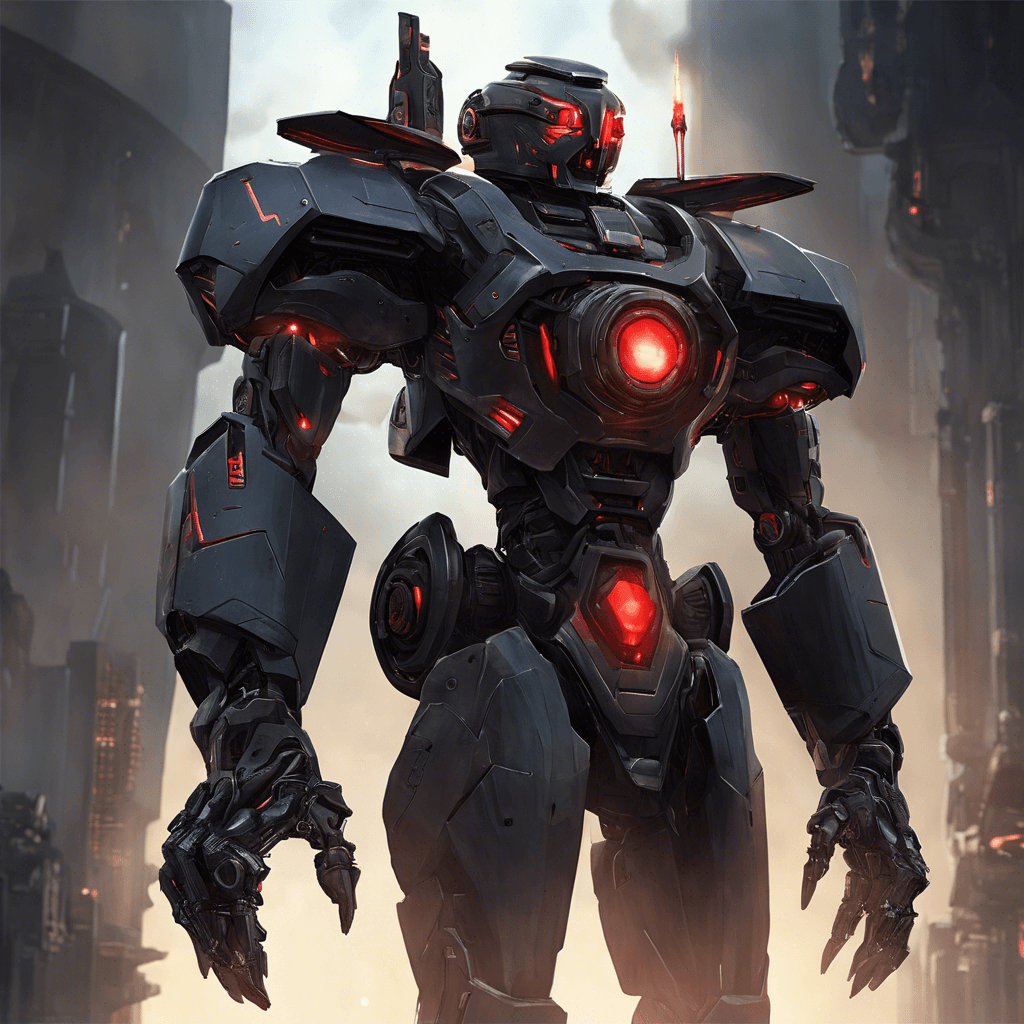 A towering robotic enforcer, the Sovereign Sentinel is made of obsidian-black alloy, with glowing red sensor-eyes and armed with articulated energy cannons mounted on its shoulders. Its presence exudes menace as it patrols the star system enforcing ancient laws.