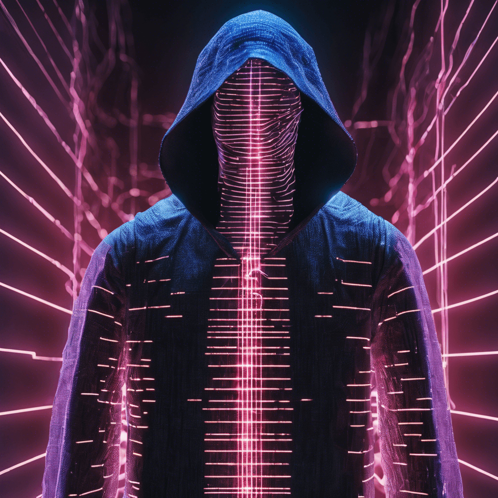 A figure shrouded in a digitized cloak that flickers with neon light, reflective visor hiding their face, lines of code streaming across their body.