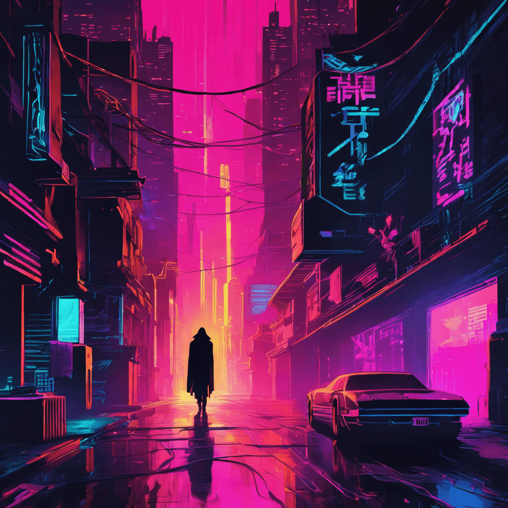 The Neon Shadow is a mysterious figure cloaked in darkness, with neon cybernetic enhancements glowing ominously beneath the shadows of the cityscape. Its movements are swift and unpredictable, blending seamlessly into the neon-drenched environment as it stalks its prey.