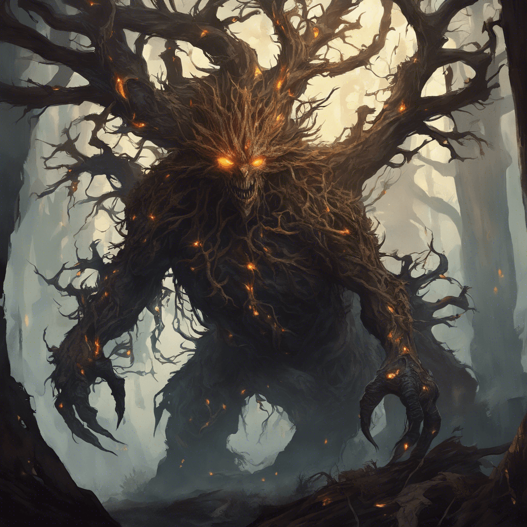 A colossal tree-like creature with dark, twisted bark and glowing amber eyes. Its branches are adorned with thorny vines and emit a malevolent aura of corruption.