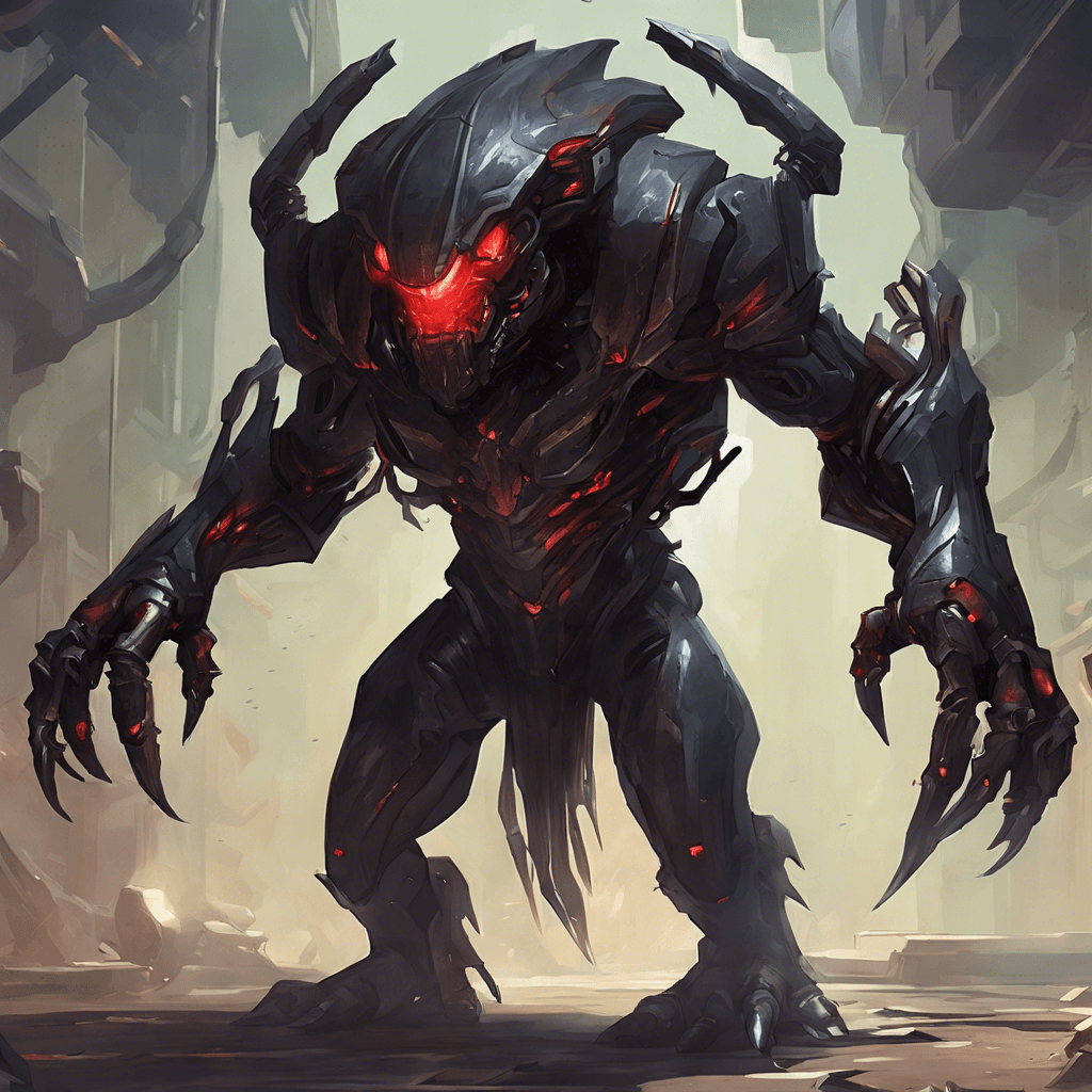 A hulking, metallic creature, the Void Scavenger has sleek, dark exoskeleton plates covering its body. Its eyes emit a piercing red glow, and mechanized limbs feature sharp, angular joints. It moves with calculated, predatory grace.