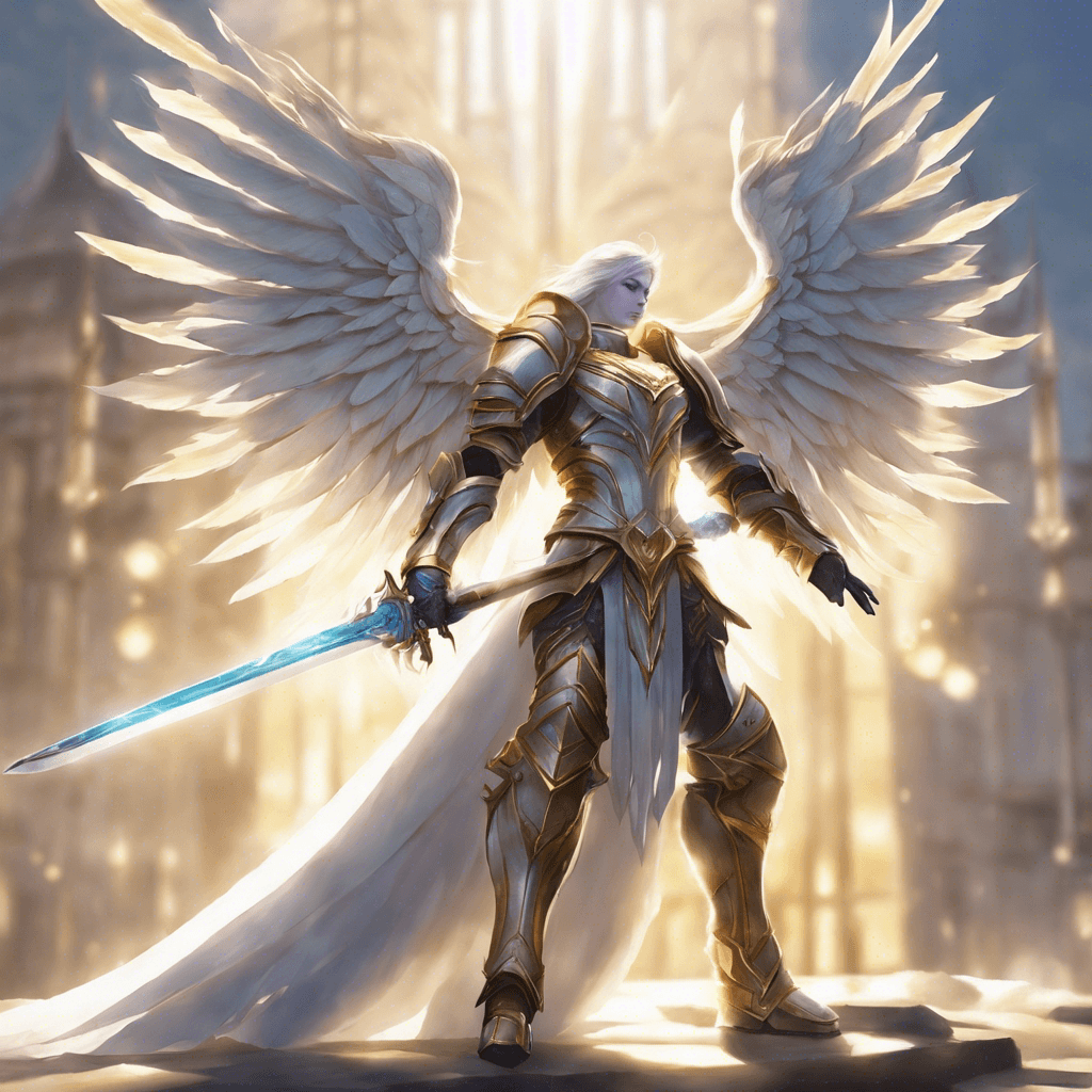 Standing tall with armor gleaming like the morning sun, Guardian Lumina's wings unfold, made of pure radiant light. A long, elegant sword channels the essence of the day, piercing through the darkest shadows.