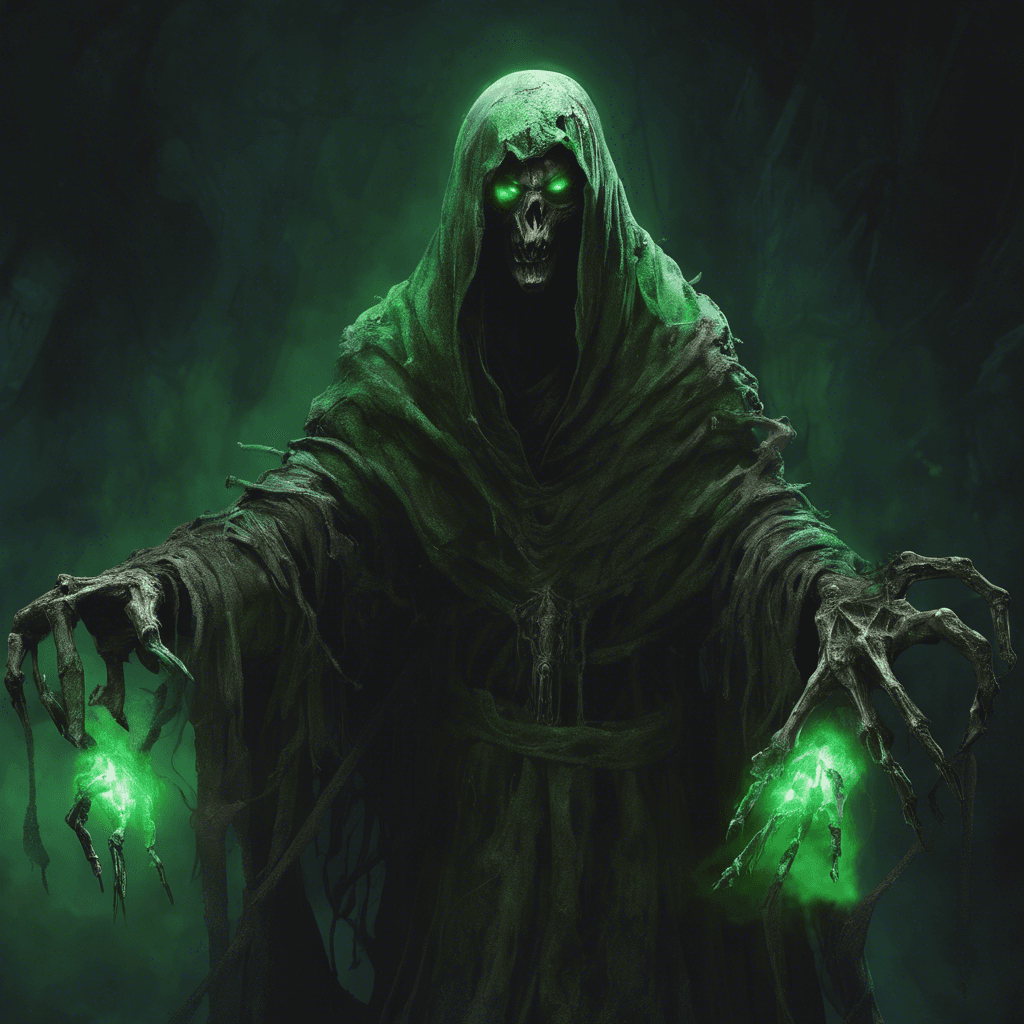 A gaunt figure shrouded in tattered robes, its eyes glowing with a malevolent green light. The air around it is heavy with the stench of decay, and its hands are outstretched, claws ready to rend flesh from bone.