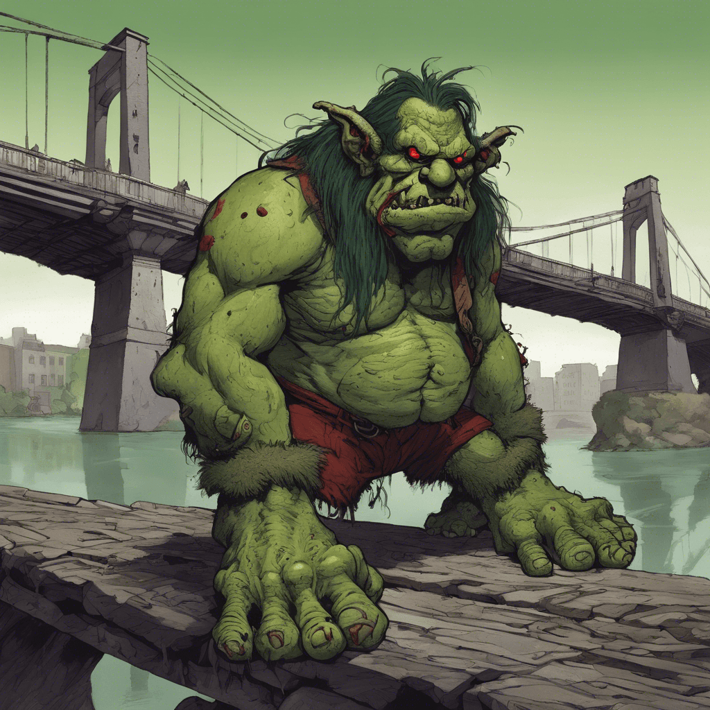 A hulking, grotesque creature with warty green skin, Brog the Troll lumbers clumsily on his oversized feet. His tiny red eyes pierce through the darkness under the bridge, and his large, hooked nose sniffs the air in suspicion.