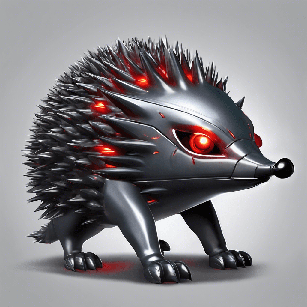 A menacing metallic hedgehog with glowing red eyes, equipped with jet engines for speed, razor-sharp claws, and a sleek, aerodynamic body.