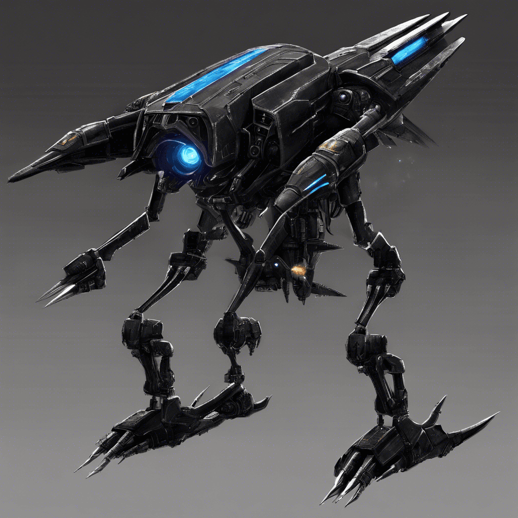 A menacing Zyphorian Marauder looms ahead, its sleek black exoskeleton reflecting the starlight. With multiple luminescent eyes and sharp metal claws, it maneuvers its starfighter with threatening agility. Emitter guns are visible on its wingtips, with an energy cannon mounted on its underbelly.