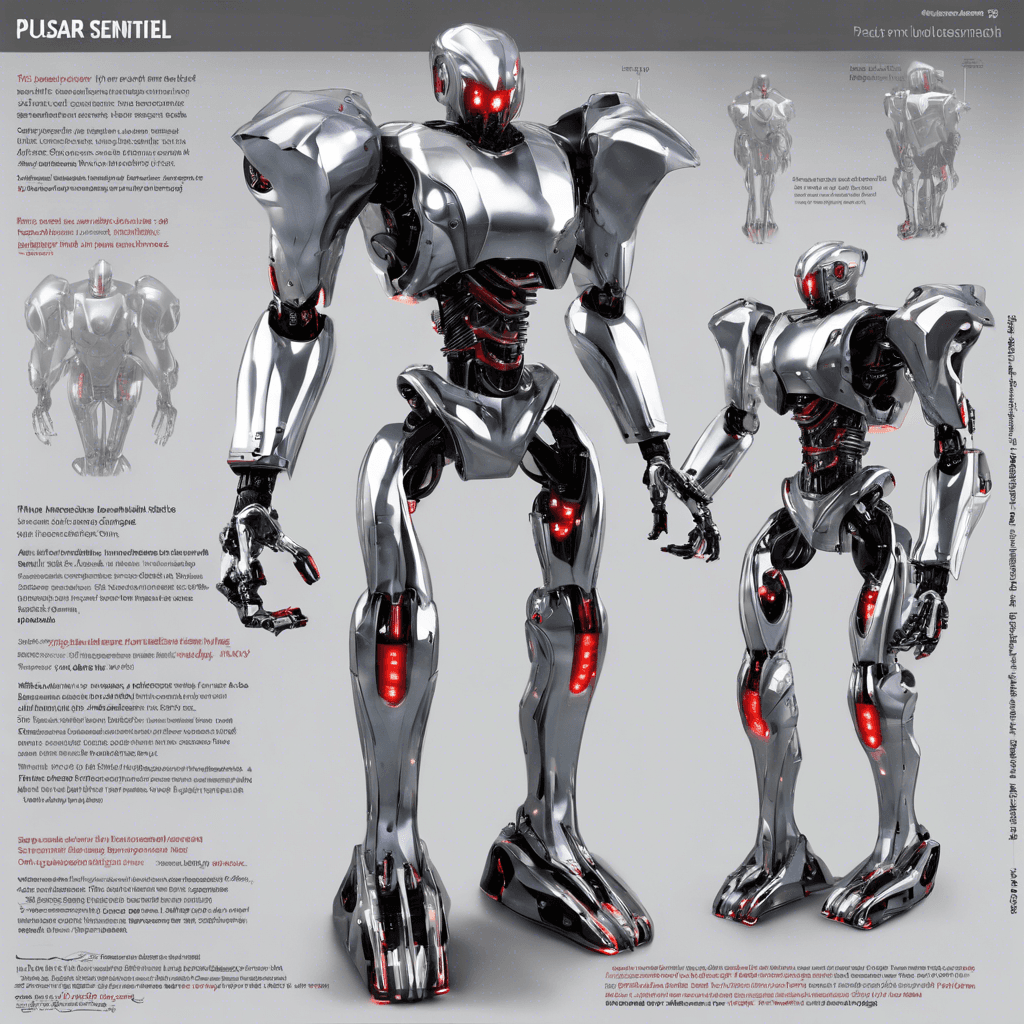 The Pulsar Sentinel is a sleek, chrome-plated humanoid robot, standing over seven feet tall. It has glowing red eyes, articulated hands that shift into various tools, and a torso that houses a pulsating energy core.